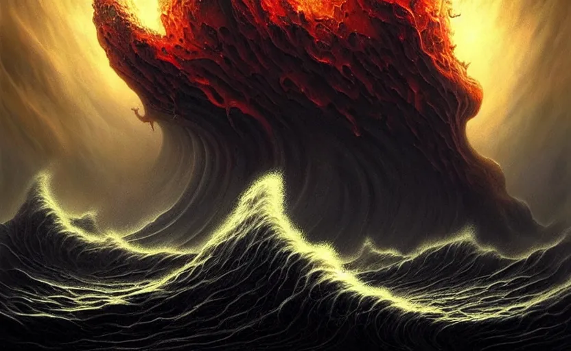 Image similar to beautiful digital fantasy illustration of a demon holding a staff!!, hellish background, a giant wave in the sky, apocalypse art!!!!, apocalypse landscape!!!!!, lovecraftian!!, cosmic horror!!!, concept art by Jarosław Jaśnikowski, a detailed matte painting by Dan Luvisi, cgsociety, fantasy art, highly detailed, soft lighting, rendered in octane, masterpiece, very very very aesthetic