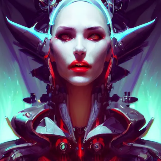 Image similar to a portrait of a beautiful demonic cybernetic queen of hell, cyberpunk concept art by pete mohrbacher and wlop and artgerm and josan gonzales, digital art, highly detailed, intricate, sci-fi, sharp focus, Trending on Artstation HQ, deviantart, unreal engine 5, 4K UHD image