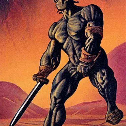 Image similar to muscular barbarian holding sword in right hand on mars science fiction pulp