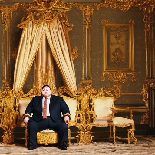Prompt: childish fat politician with big stomch is sitting corner alone in giant luxury castle in baroque style