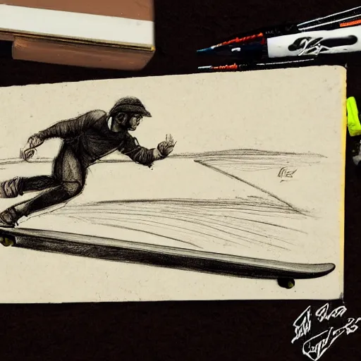 Prompt: luis vaz de camoes skateboarding, sketched by leonardo da vinci