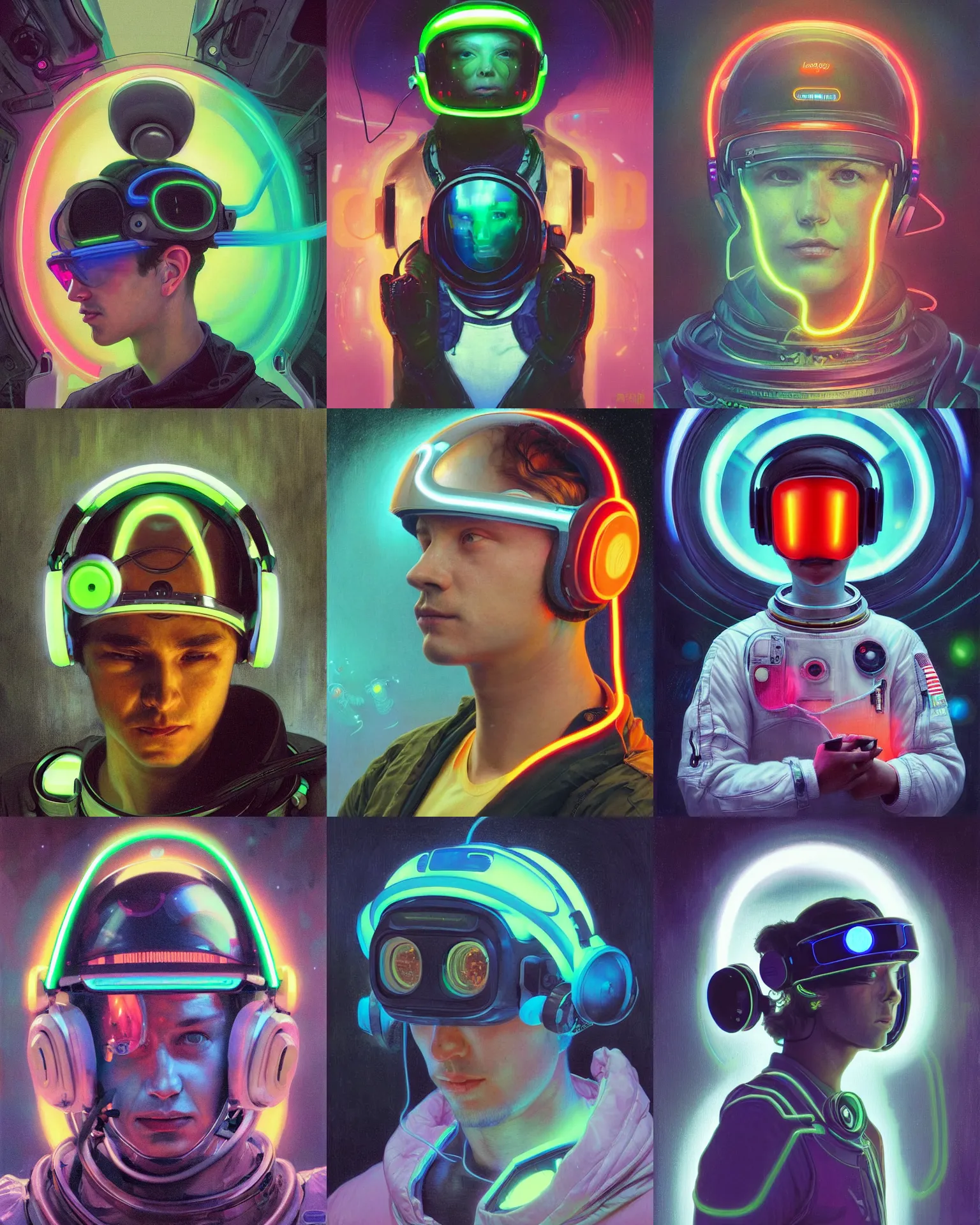 Prompt: future coder looking on, glowing visor over eyes and sleek neon headphones, neon accents, desaturated headshot portrait painting by dean cornwall, ilya repin, donato giancola, tom whalen, alex grey, alphonse mucha, astronaut cyberpunk electric fashion photography