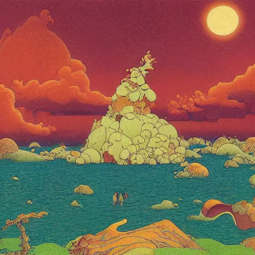 Prompt: a relaxing and zen apocalypse in the style of Dr Seuss, Jim Henson, Studio Ghibli, James Jean, Hiroshi Yoshida, Max Ernst, Paul Signac, Salvador Dali, James Gurney, M.C. Escher, Thomas Kinkade, Ivan Aivazovsky, Italo Calvino, Norman Rockwell, Albert Bierstadt, Giorgio de Chirico, Rene Magritte, Ross Tran, Marc Simonetti, John Harris, Hilma af Klint, George Inness, Pablo Picasso, William Blake, Wassily Kandinsky