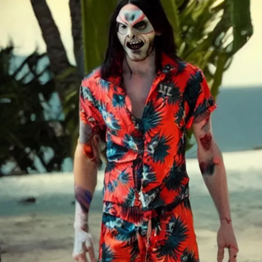 Image similar to Morbius The Living Vampire (Jared Leto) wearing a Hawaiian shirt and swim trunks
