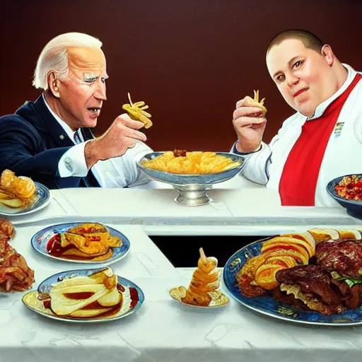 Image similar to Joe Biden and an obese chef eating together unhealthy food at the white house, highly detailed, digital painting, artstation, concept art, sharp focus, illustration, art by artgerm and greg rutkowski and alphonse mucha and Norman Rockwell