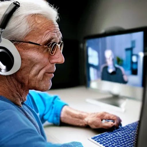 Image similar to A colored colorized real screenshot of Jerma985 as an elderly guy streaming on his computer while wearing headphones, taken in the early 2020s, taken on a 2010s Camera, realistic, hyperrealistic, very realistic, very very realistic, highly detailed, very detailed, extremely detailed, detailed, digital art, trending on artstation, headshot and bodyshot, detailed face, very detailed face, very detailed face, real, real world, in real life, realism, HD Quality, 8k resolution, intricate details, colorized photograph, colorized photon, body and headshot, body and head in view