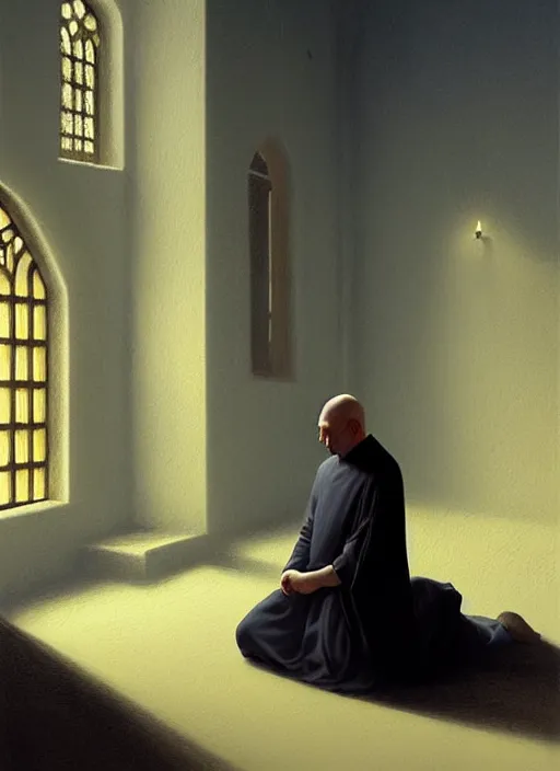 Image similar to oil painting portrait of a crying sad weeping sobbing tonsured dominican monk in a simple rough habit, kneeling in a blue cold moonlit empty small chapel at night, hazy, digital art, artstation, cinematic, moonlight, digital art painting by greg rutkowski, hazy atmosphere, candles, cinematic blue lighting