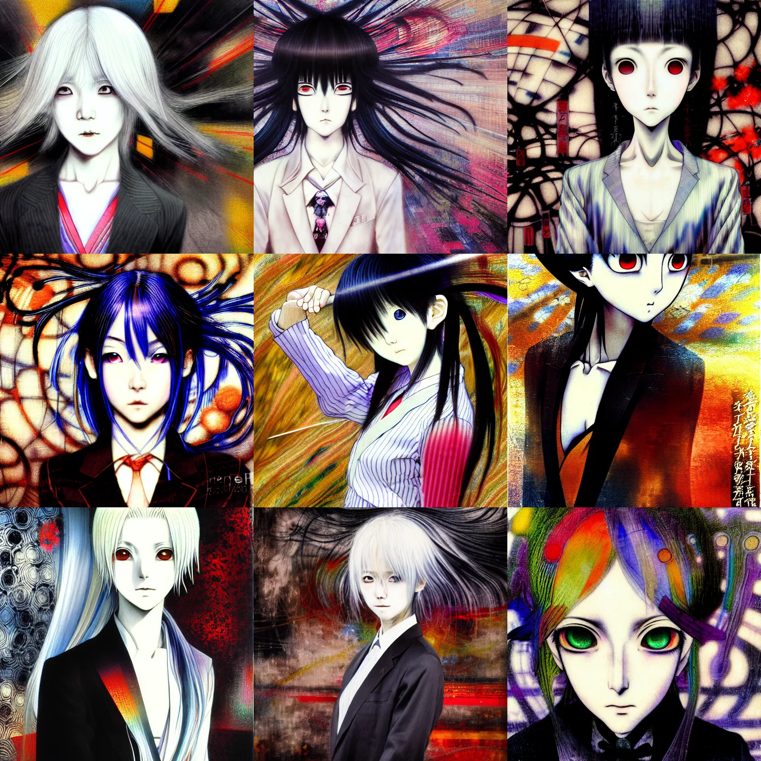 Prompt: yoshitaka amano blurred and dreamy realistic three quarter angle portrait of an anime girl with white hair and black eyes wearing dress suit with tie, junji ito abstract patterns in the background, satoshi kon anime, noisy film grain effect, highly detailed, renaissance oil painting, weird portrait angle, blurred lost edges