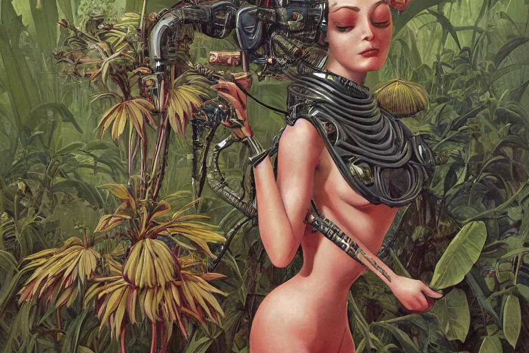 Image similar to evangelionic illustration, gigantic girl head, a lot of exotic vegetation, trees, tremendous pleasure robot, flowers, oldschool vintage sci - fi flat surreal design, super - detailed, oil painting by moebius, hd, 4 k, high quality