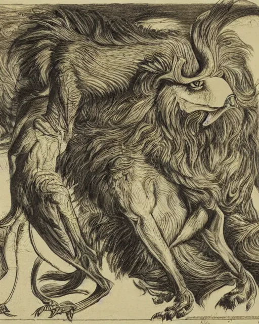 Prompt: a creature with the body of a man, beak of an eagle, the mane of a lion, and the horns of an ox. drawn by francis bacon