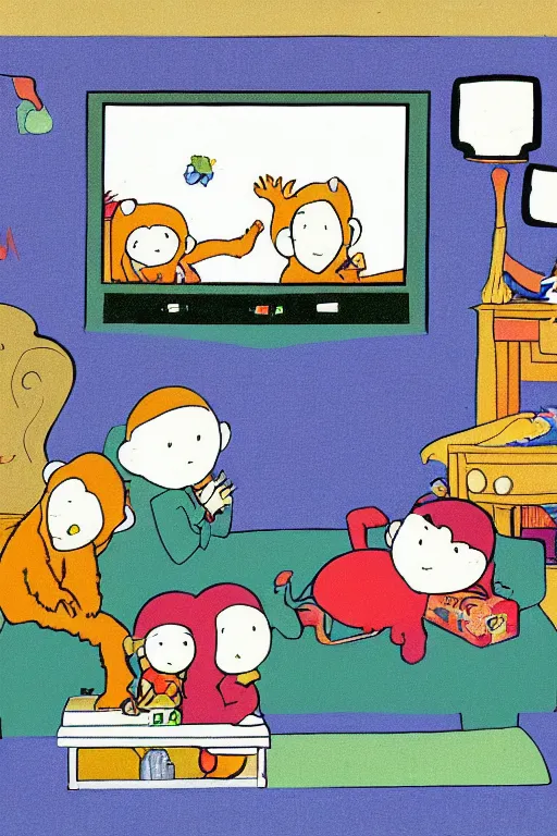 Image similar to an illustration of monkeys watching tv in the style of goodnight moon by margaret wise brown