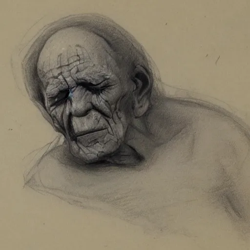 Image similar to drawing sketch of a dying old man, by Ilya Repin, charcoal, chalk, 20th century russian academic art, detailed, spontaneous linework, musculature