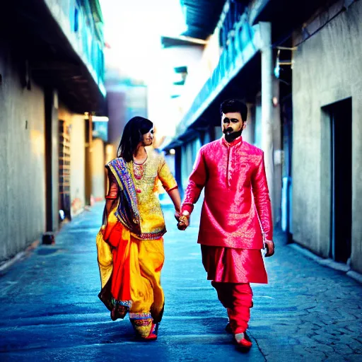 Image similar to a dramatic photograph of a person wearing traditional indian clothes, person wearing indian traditional clothes walking in a modern city, cinematic lighting