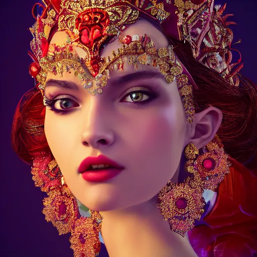 Image similar to wonderful princess with smooth fair skin, alluring eyes, red eyeshadow, red jewelry, breathtaking, elegant, intricate, ornate backdrop, hyper detailed, accent lighting, 4 k photography, octane render