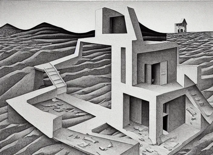Image similar to a house in a desert landscape, painting by mc escher, very detailed, illusion, surreal!!!, beautiful