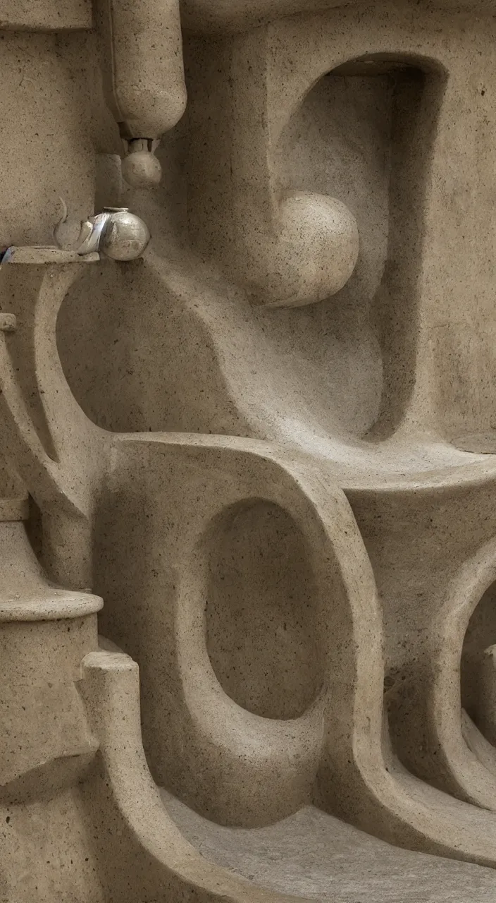 Image similar to a stream of water entering into a machine made from biomorphic amphoras and producing a coin, in the style of a carlo scarpa fountain, architectural photograph, isometric, infrastructure, kidneys, dynamic lighting, clay texture, 8 k