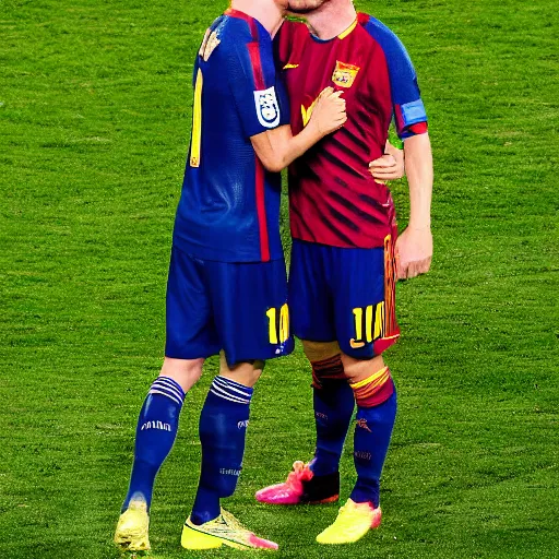 Image similar to Lewandowski and Messi kissing