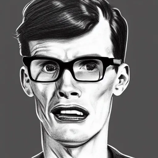 Image similar to A 1950s Style Comic-Like Drawing of iDubbbz, grainy, realistic, hyperrealistic, very realistic, very very realistic, highly detailed, very detailed, extremely detailed, detailed, digital art, trending on artstation, detailed face, very detailed face, very detailed face, realism, HD Quality, 8k resolution, intricate details, body and head in frame, drawing, inked drawing, comic drawing, neat drawing, 1950s, 50s, in the style of Frank Hampson, in the style of Frank Bellamy, in the style of Dave Gibbons, in the style of Don Lawrence, in the style of Wally Wood