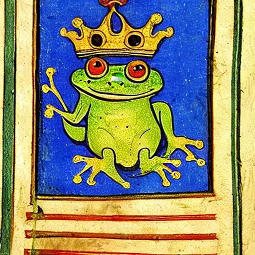 Image similar to beautiful medieval book manuscript painting of a frog wearing a crown