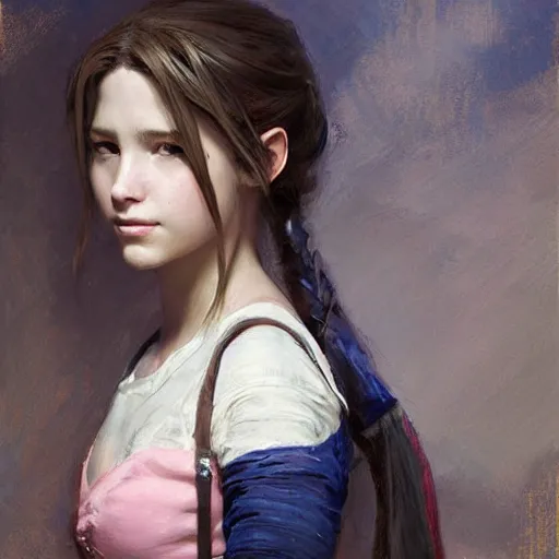 Image similar to Richard Schmid and Jeremy Lipking full length portrait painting of Aerith from Final Fantasy