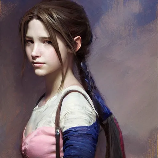 Prompt: Richard Schmid and Jeremy Lipking full length portrait painting of Aerith from Final Fantasy