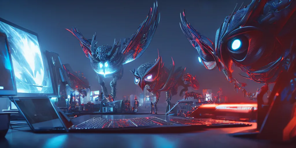 Image similar to an giant evil, malevolent, cyborg owls looking at a computer, surrounded by computer screens. this 4 k hd image is trending on artstation, featured on behance, well - rendered, extra crisp, features intricate detail and the style of unreal engine. volumetric lighting octane render