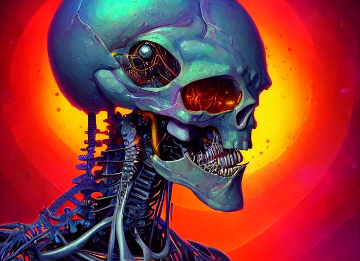 Prompt: a psychedelic portrait of omin dran skeletal phyrexian cyborg psion, vibrant color scheme, highly detailed, in the style of romanticism, cinematic, artstation, moebius, greg rutkowski