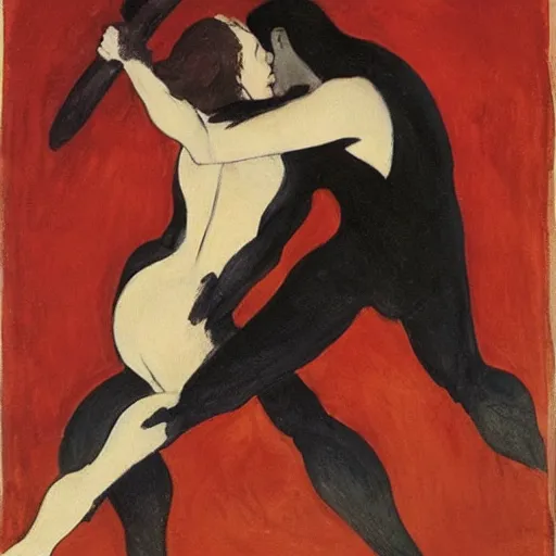 Image similar to by frank miller, by zinaida serebriakova maroon soothing. a performance art of two people, one a demon & the other a human, fighting each other with swords.