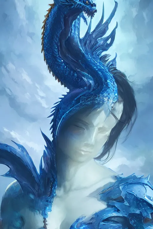 Image similar to a fancy portrait of an attractive blue dragon women by Greg Rutkowski, Sung Choi, Mitchell Mohrhauser, Maciej Kuciara, Johnson Ting, Maxim Verehin, Peter Konig, final fantasy , mythical, 8k photorealistic, cinematic lighting, HD, high details, atmospheric,