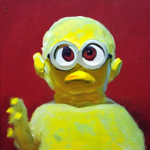 Prompt: impasto painting of a glowing kewpie doll that looks like Big Bird, painted in the style of Watteau with sad minion eyes, thick paint, visible brushstrokes, abstract elements