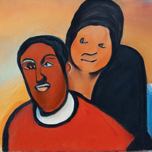 Image similar to a painting of a man and a woman sitting next to each other