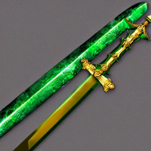 Image similar to photograph of a large green and teal crystal sword with a gold sword hilt