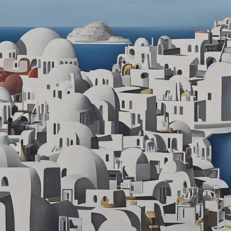 Image similar to a painting of abstract buildings like santorini by zaha hadid and yves tanguy