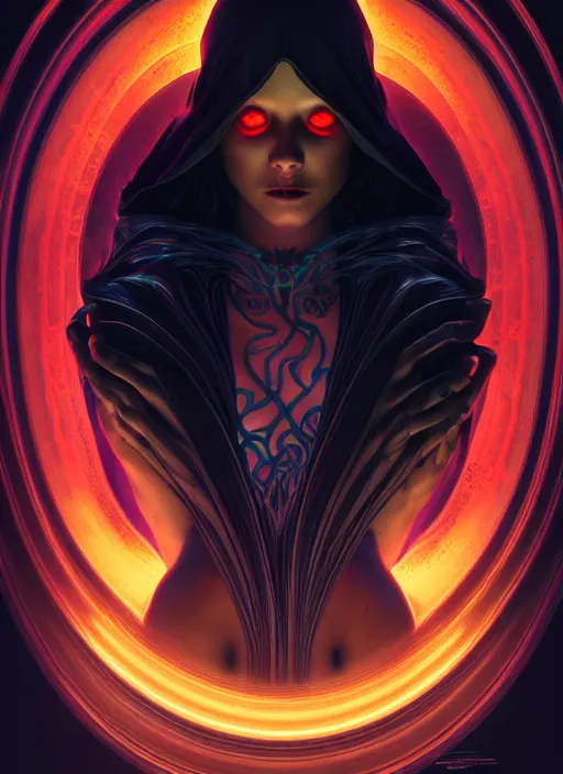 Image similar to book cover, front portrait, dark witch with black hood and evil eyes, realism, soft, smooth, luminescent, art nouveau tarot, backlit glow, colorful swirly ripples, gaudy colors, aesthetic octane render, unreal engine, 8 k, by artgerm, greg rutkowski, alphonse mucha