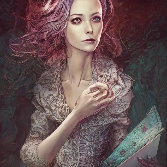 Image similar to the portrait of the lawful evil sorceress lawyer as an absurdly beautiful, conniving, elegant, jaded, woman, an ultrafine hyperdetailed illustration by kim jung gi, irakli nadar, intricate linework, bright colors, octopath traveler, final fantasy, unreal engine 5 highly rendered, global illumination, radiant light, detailed and intricate environment