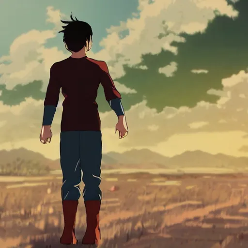 Prompt: Jon Kent superboy standing triumphantly. Anime still. Makoto shinkai. Kuvshinov ilya.