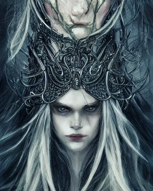 Image similar to portrait of a ranni the witch from elden ring, elegant, beautiful, mesmerizing, concept art, fancy clothing, highly detailed, artstation, behance, deviantart, trending, ayami kojima, shinichi sakamoto, kaoru mori