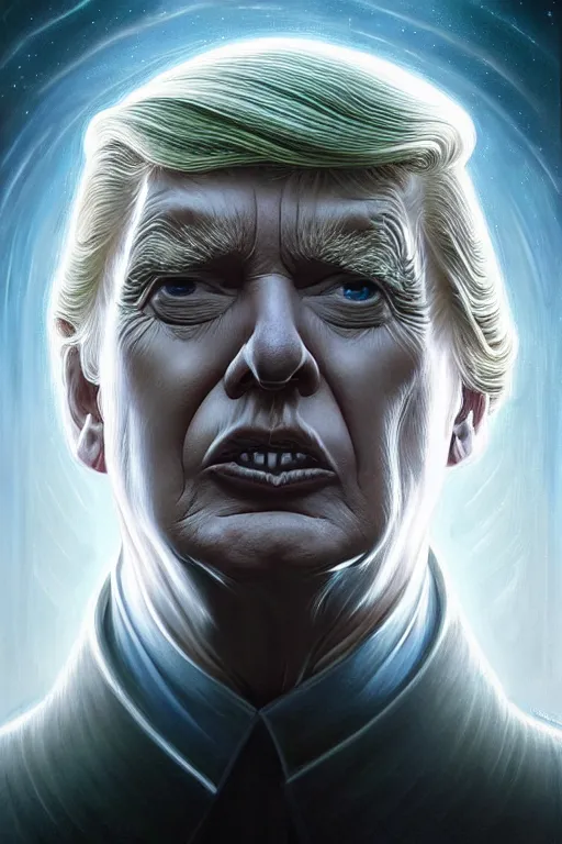 Prompt: a portrait of intergalactic donald trump, grim - lighting, high - contrast, intricate, elegant, highly detailed, centered, digital painting, artstation, concept art, smooth, sharp focus, illustration, artgerm, tomasz alen kopera, peter mohrbacher, donato giancola, joseph christian leyendecker, wlop, boris vallejo