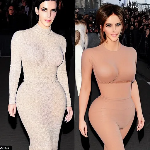 Image similar to a woman who is a genetic combination of kim kardashian and emma watson face and upper - body focus