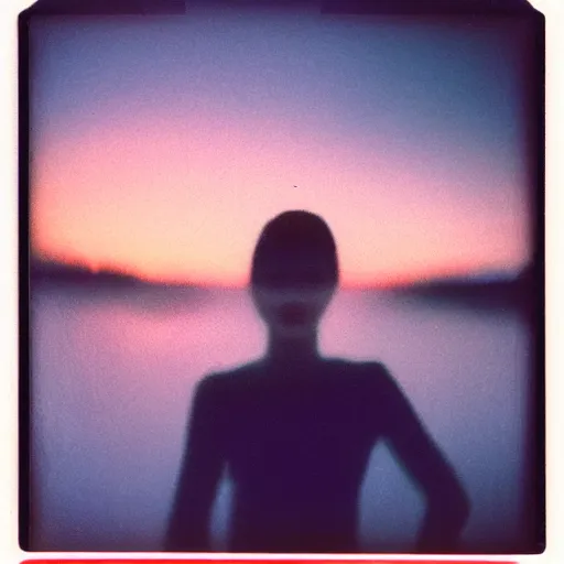 Prompt: polaroid sx - 7 0 double exposure of a woman face looking at the sunset, sky overlaid