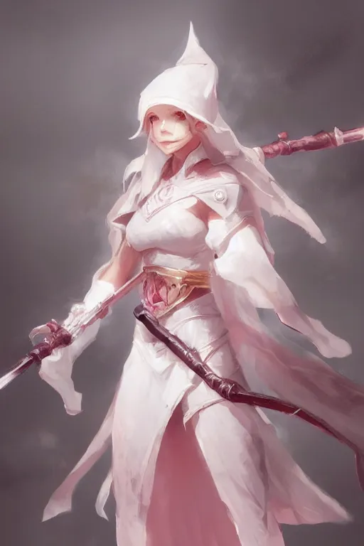 Prompt: 3 / 4 portrait of a cute white mage with a staff, soft, pink, artgerm and and greg rutkowski, trending on artstation