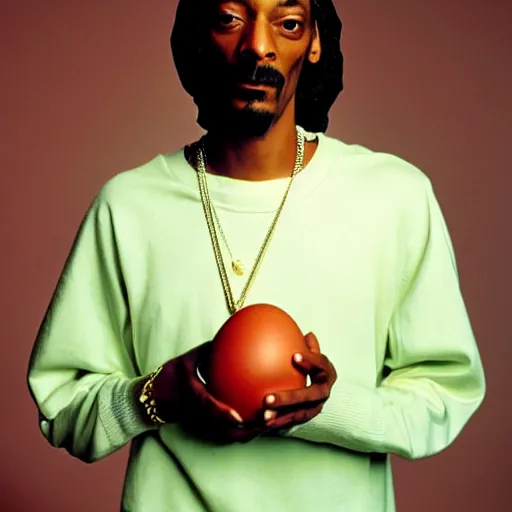 Prompt: Snoop Dogg holding an egg for a 1990s sitcom tv show, Studio Photograph, portrait, C 12.0