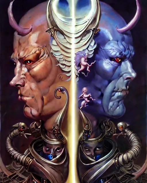 Image similar to beautiful gemini good and evil fantasy character portrait, ultra realistic, wide angle, intricate details, the fifth element artifacts, highly detailed by peter mohrbacher, hajime sorayama, wayne barlowe, boris vallejo, aaron horkey, gaston bussiere, craig mullins