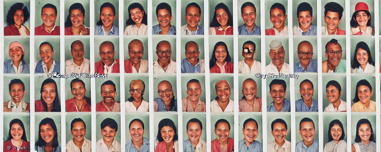 Prompt: a grid of passport photographs with smiling faces, 50mm lens, mix of ethnicities and genders, kodachrome