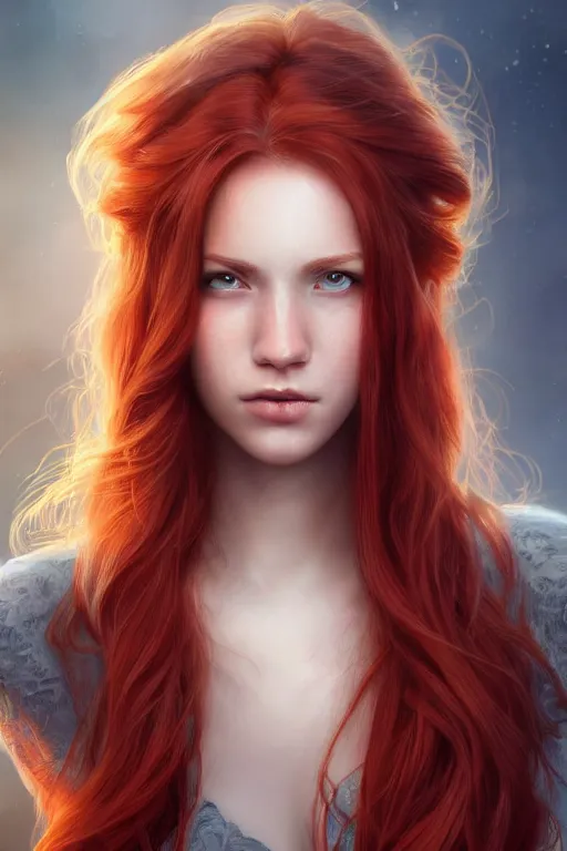 Prompt: ultra realistic style illustration of a beautiful cute red haired joyful young woman, full portrait, long hair, sci - fi, fantasy, intricate, elegant, digital painting, artstation, concept art, smooth, sharp focus, 8 k frostbite 3 engine, ultra detailed, art by artgerm and greg rutkowski and magali villeneuve