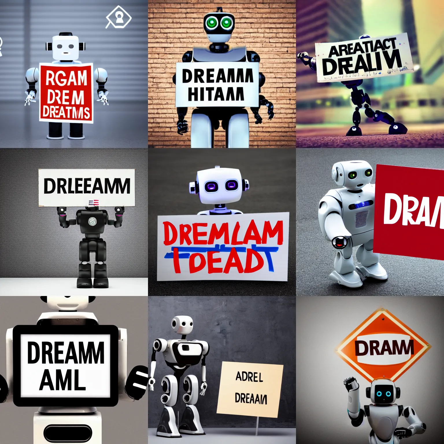 Image similar to realistic high quality photo of artificial intelligence robot holding a sign with text that reads : dream