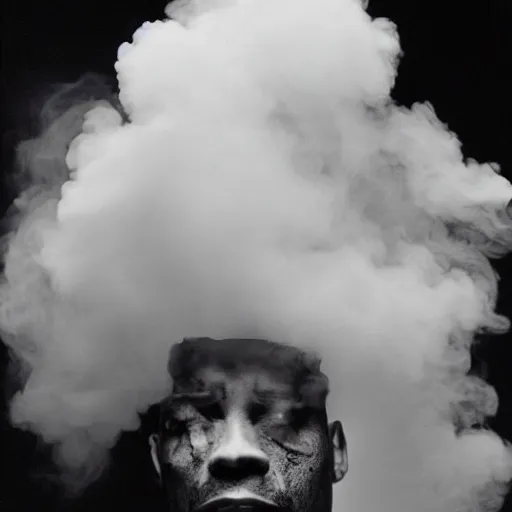 Image similar to a man who's head is turning into a puff of smoke, annie liebowitz, black and white