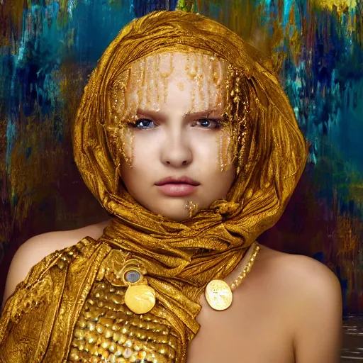 Prompt: a woman in a golden mask standing in a pond, many decorations on her body - coins, pearls, chains, looking directly into the camera, photorealistic painting, high definition, oriental makeup, headware, scarfs