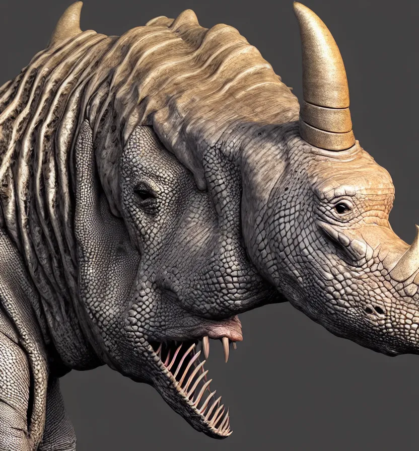 Prompt: nancy pelosi creature setting all : crocodile head : : 0. 5 the head has a symmetrical horn and tumor, and there is a rhino horn at the front of the beak, and the mouth is open to reveal a mouth full of fangs with huge wings, full body rich detail realistic photoreal photorealistic octane render 8 k