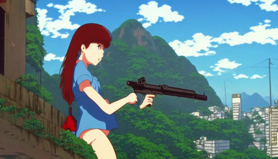 Image similar to 1 9 8 6 anime screencap of a girl with a gun on a rio de janeiro anime, by hayao miyazaki, studio ghibli, beautiful favela background extremely high quality artwork 4 k